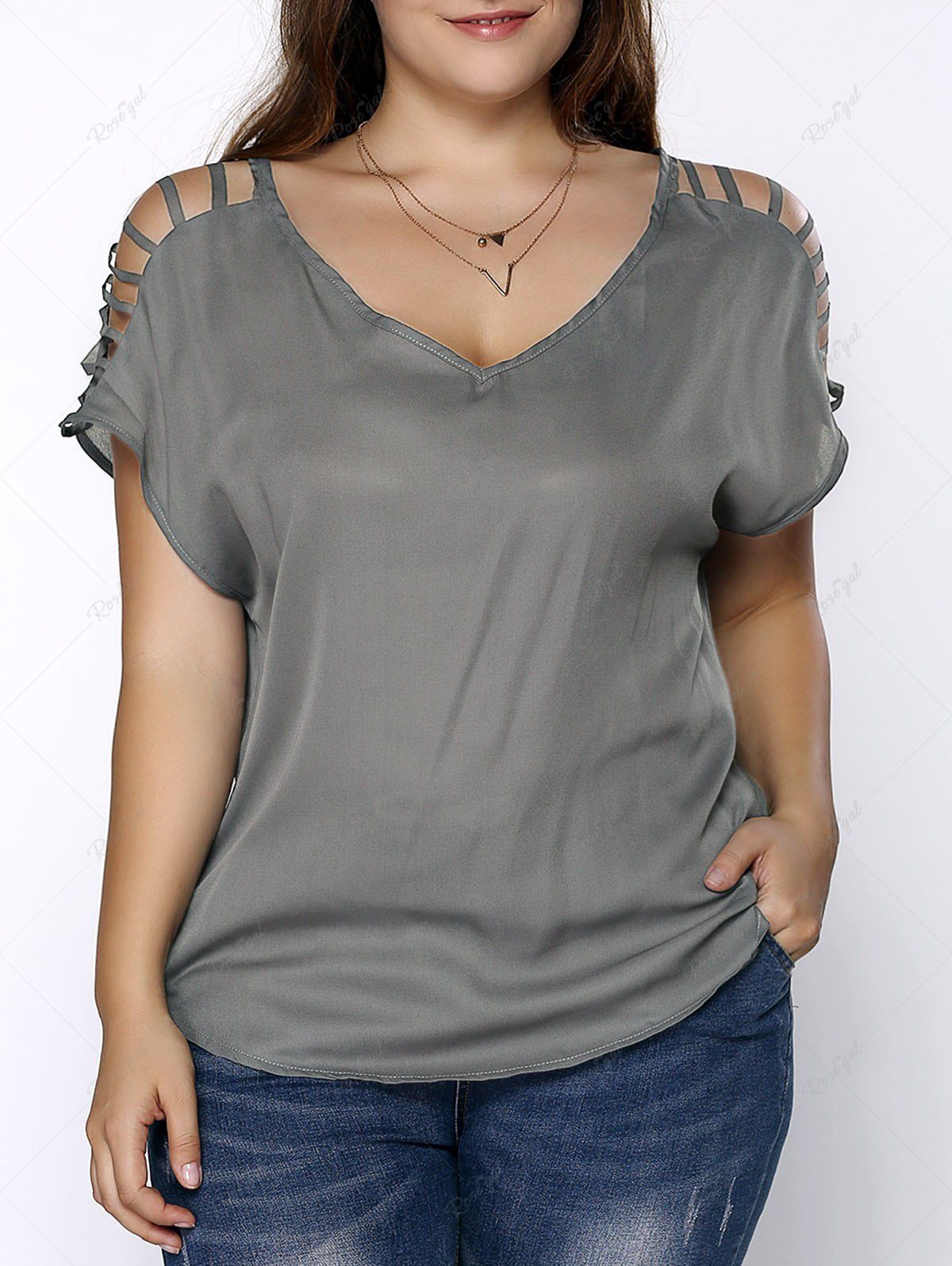Outfits Plus Size Ladder Solid V Neck Tee  