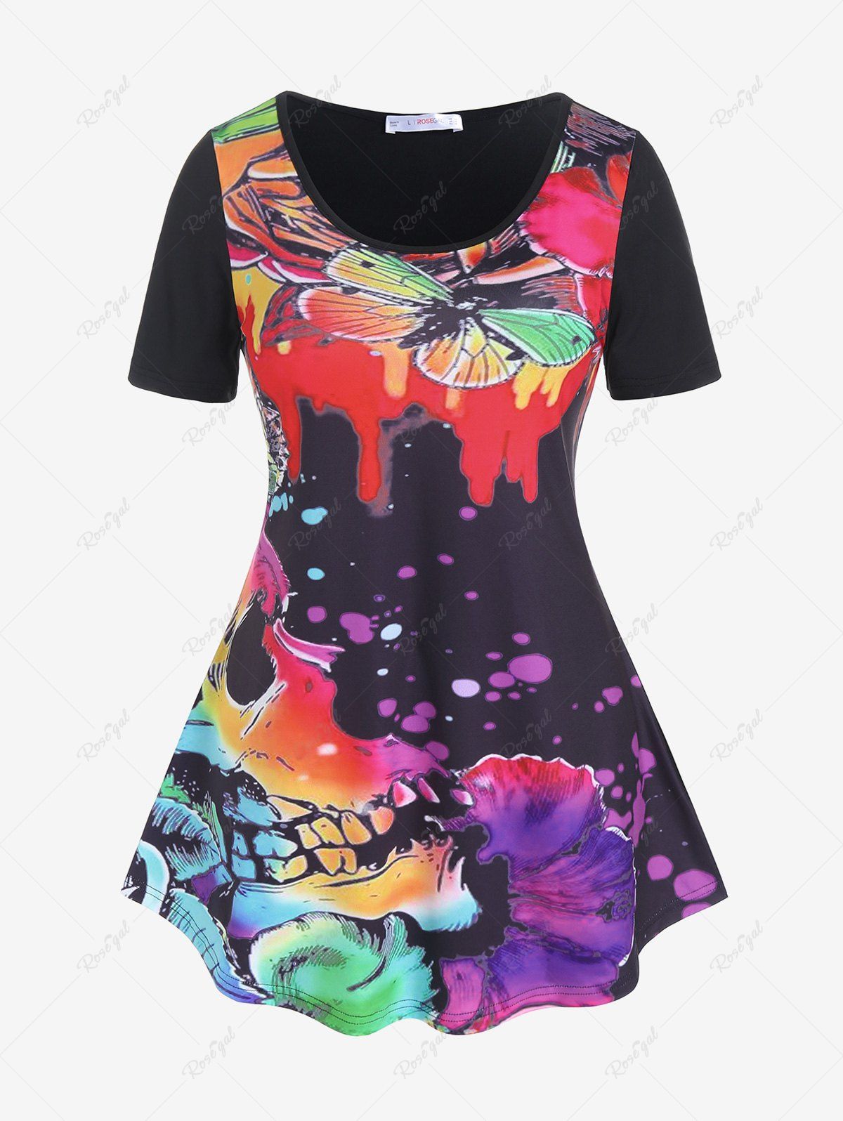 Latest Plus Size Skull Butterfly Print T-shirt  
