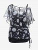 Plus Size Sun Moon Print Skew Neck Sheer Mesh Top and Cinched Camisole Set -  