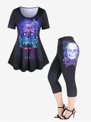 Gothic Skull Rose Print Tee and Skull Printed Skinny Leggings Plus Size Summer Outfit