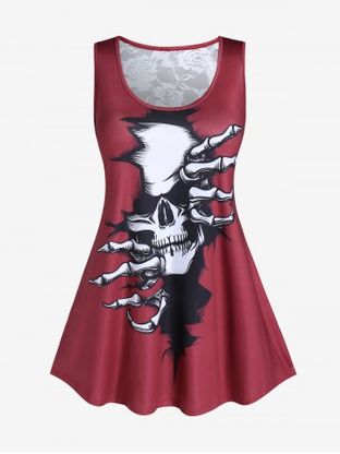 Plus Size Lace Panel Skull Print Gothic Tank Top