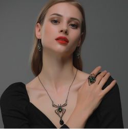 4Pcs Gothic Spider Pendant Necklace Earrings and Ring Accessory Set - SILVER