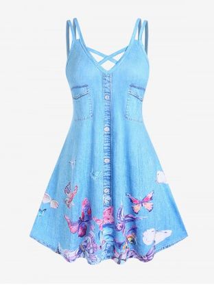 Plus Size 3D Butterfly Jeans Printed Crisscross Sleeveless A Line Casual Dress