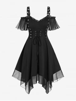 Plus Size Gothic Grommet Lace Up Cold Shoulder Handkerchief Mini Dress - BLACK - M | US 10