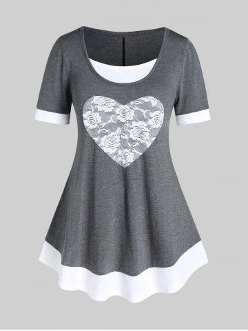 Plus Size Two Tone Heart Lace Pattern Short Sleeves Tee - GRAY - M | US 10