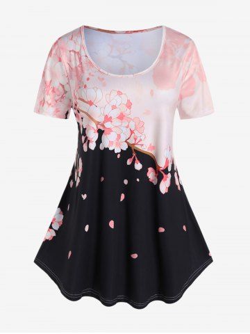 Plus Size Floral Colorblock Short Sleeves Tee - LIGHT PINK - 5X | US 30-32