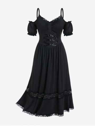 Plus  Size Lace Panel Cold Shoulder Maxi Dress - BLACK - S | US 8
