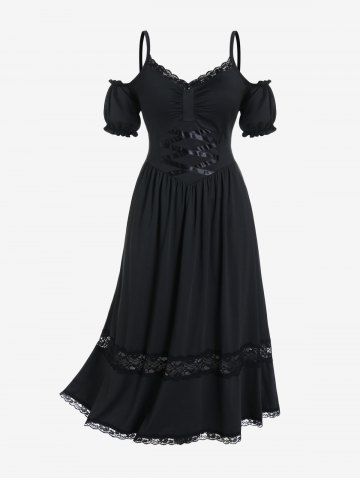 Plus  Size Lace Panel Cold Shoulder Maxi Dress - BLACK - M | US 10
