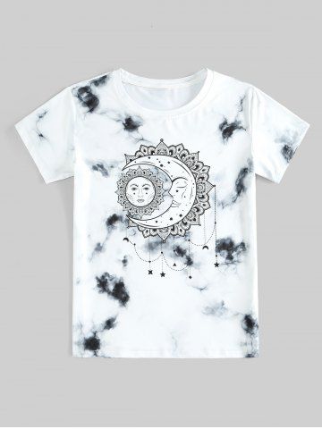 T-shirt Unisexe Teinté à Imprimé Lune et Soleil à Manches Courtes - WHITE - 5XL