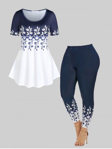 Floral Colorblock T Shirt and High Waisted Floral Print Leggings Plus Size Summer Outfit - DEEP BLUE