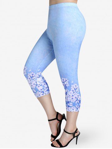 Plus Size High Waist Floral Print Skinny Capri Leggings - BLUE - 5X | US 30-32
