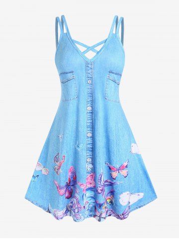 Plus Size 3D Butterfly Jeans Printed Crisscross Sleeveless A Line Casual Dress