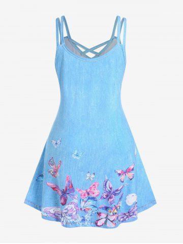 Plus Size 3D Butterfly Jeans Printed Crisscross Sleeveless A Line Casual Dress