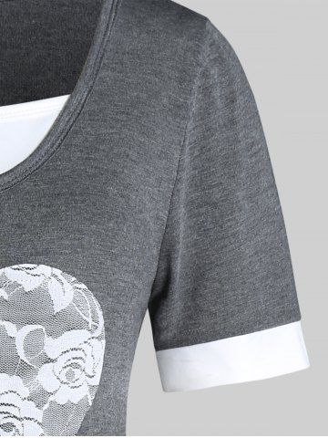 Plus Size Two Tone Heart Lace Pattern Short Sleeves Tee