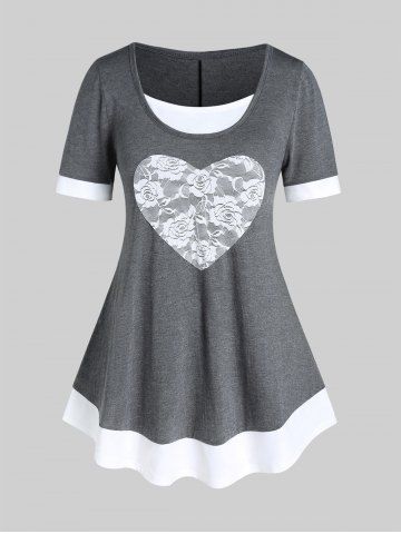 Plus Size Two Tone Heart Lace Pattern Short Sleeves Tee