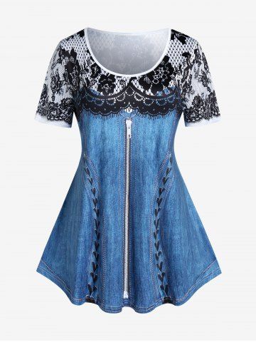 Plus Size 3D Lace Denim Print T-shirt - DEEP BLUE - 4X | US 26-28