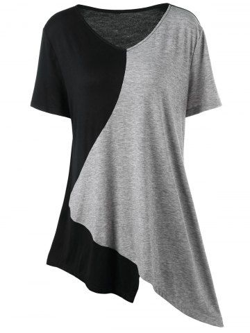 T-shirt Asymétrique Bicolore de Grande Taille à Col V - GRAY - L | US 12