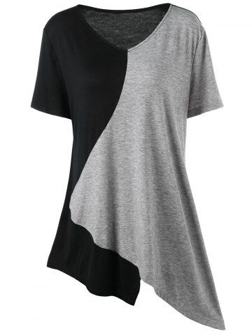 Plus Size Two Tone Asymmetric V Neck T Shirt - GRAY - 1X | US 14-16