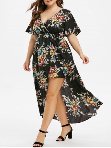 Robe Longue Fleurie Haute Basse Superposée de Grande Taille - BLACK - 5X