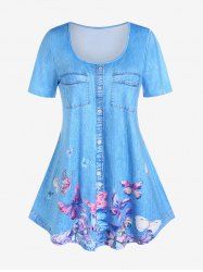 Plus Size 3D Jeans Butterfly Printed Short Sleeves Tee -  