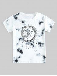 T-shirt Unisexe Teinté à Imprimé Lune et Soleil à Manches Courtes - Blanc 4XL