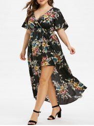 Plus Size Floral High Low Surplice Long Dress -  