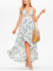 Robe Maxi en Mousseline de Soie avec Empiècements en Dentelle à Imprimé Roses - Vert clair L