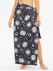 Robe de Plage Enveloppante Fendue à Imprimé Etoile Lune et Soleil Style Vintage - Noir XL