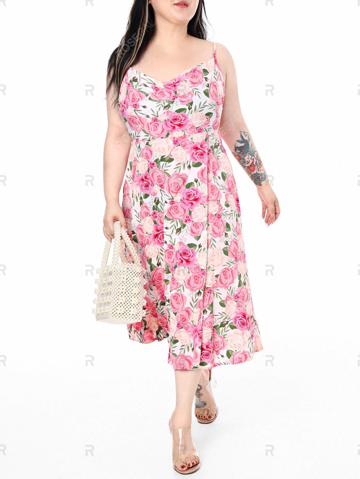 Online Plus Size & Curve Cottagecore High Slit Cowl Front  Floral Print Midi Dress  
