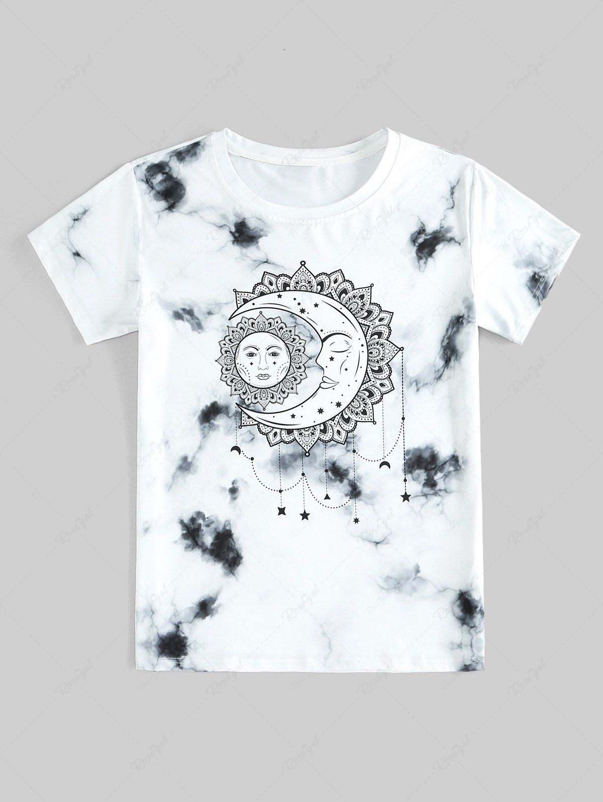 T-shirt Unisexe Teinté à Imprimé Lune et Soleil à Manches Courtes Blanc L