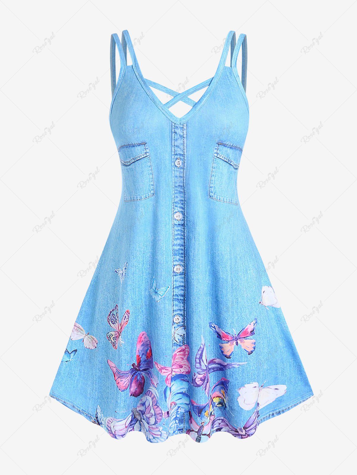 Latest Plus Size 3D Butterfly Jeans Printed Crisscross Sleeveless A Line Casual Dress  