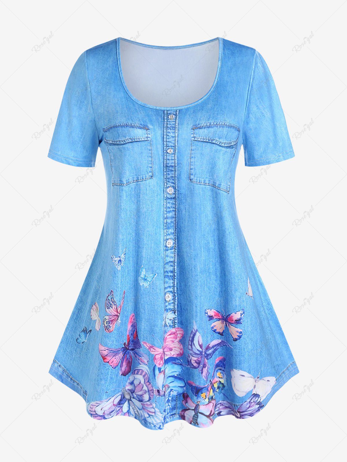 Shop Plus Size 3D Jeans Butterfly Printed Short Sleeves Tee  