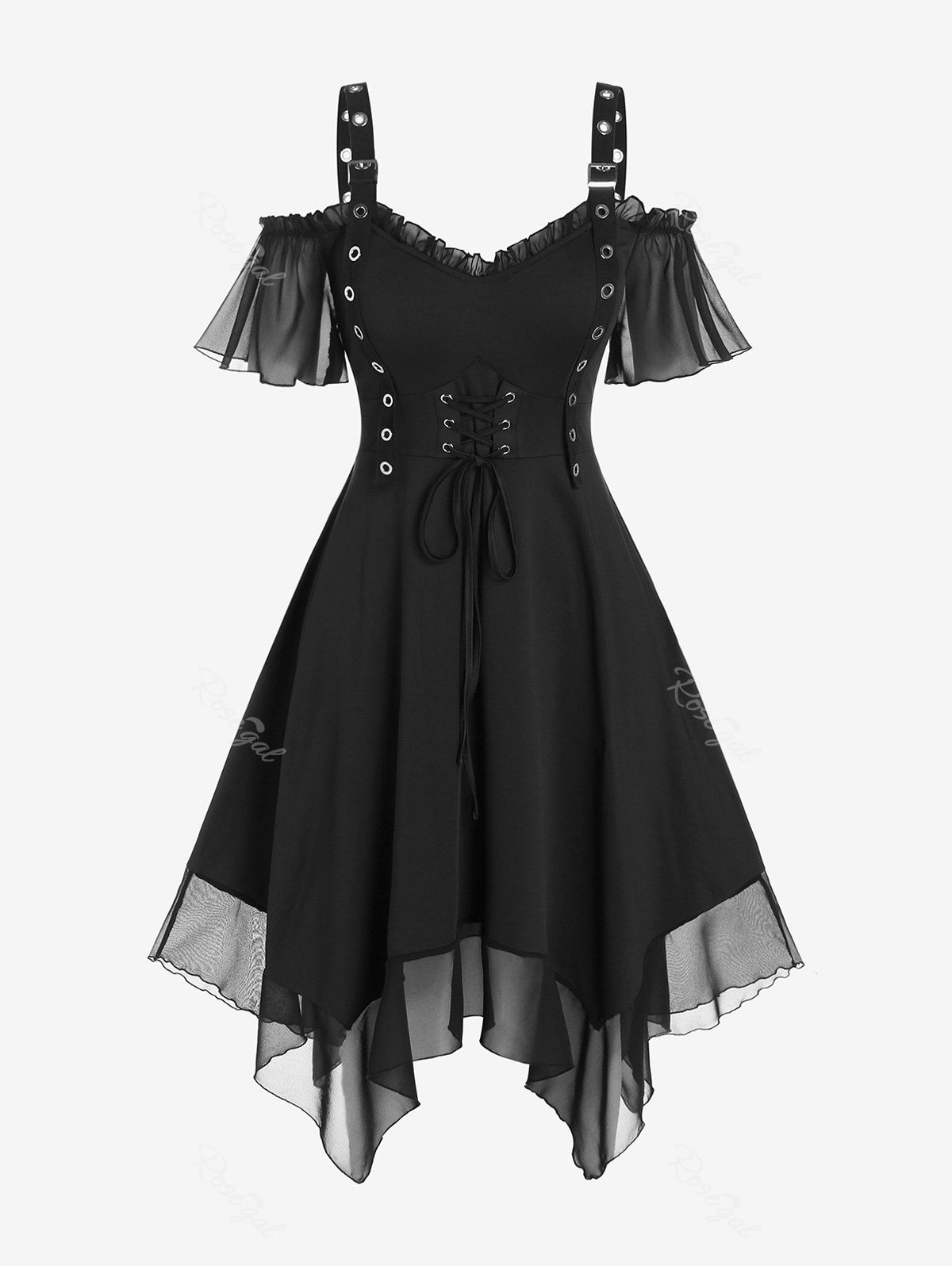 New Plus Size Gothic Grommet Lace Up Cold Shoulder Handkerchief Mini Dress  