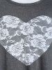 T-shirt Motif de Cœur en Dentelle en Deux Couleurs de Grande Taille à Manches Courtes - Gris 1X | US 14-16