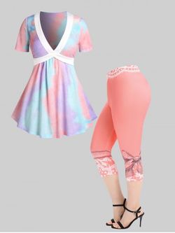 Plunge Tie Dye Tee and High Waist 3D Print Capri Skinny Leggings Plus Size Summer Outfit - LIGHT PURPLE