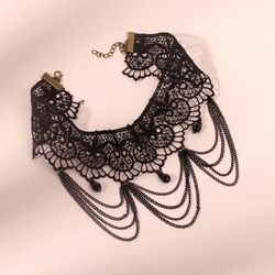 Gothic Vintage Layered Chains Lace Pendant Choker Necklace - BLACK