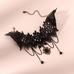 Gothic Vintage Chains Lace Pendant Choker Necklace - BLACK