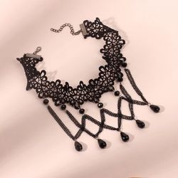 Vintage Gothic Chain Lace Pendant Choker Necklace - BLACK
