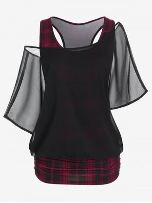 Plus Size Skew Neck Sheer Mesh Blouse and Ruched Plaid Tank Top Set