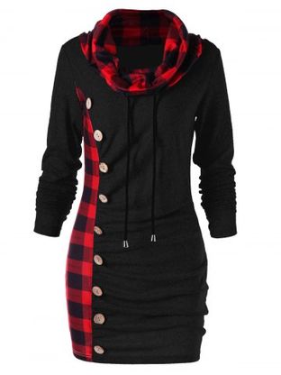 Plus Size Plaid Cowl Neck Long Sleeves Mini Sweatshirt Dress with Buttons