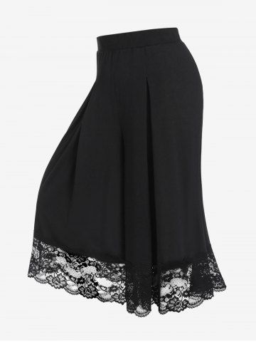 Plus Size High Waist Lace Panel Capri Wide Leg Culotte Pants - BLACK - M | US 10