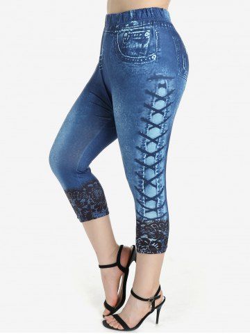 Plus Size High Waist 3D Denim Print Skinny Capri Jeggings - DEEP BLUE - 4X | US 26-28