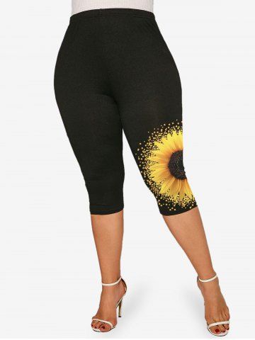 Sunflower Print Tee and High Waist Capri Leggings Plus Size Summer Outfit