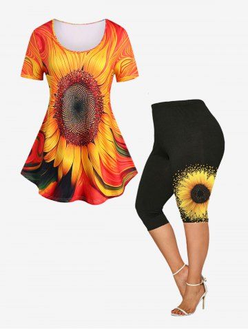 Sunflower Print Tee and High Waist Capri Leggings Plus Size Summer Outfit - DARK ORANGE