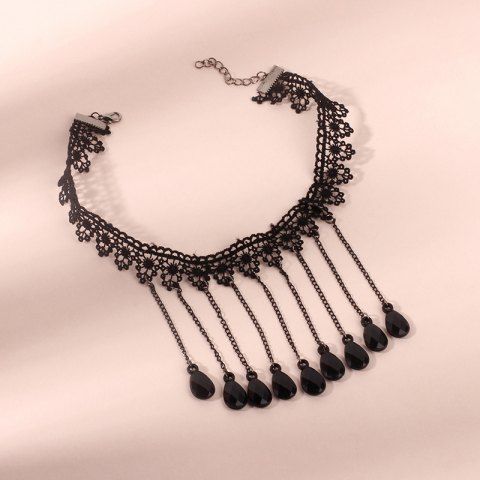 Gothic Fringed Chains Lace Pendant Choker Necklace - BLACK