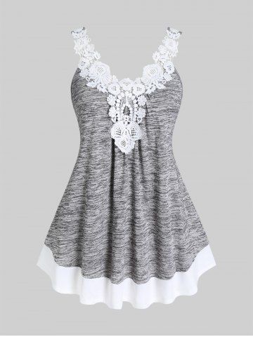 Plus Size Lace Panel Space Dye Two Tone Tunic Tank Top - GRAY - M | US 10
