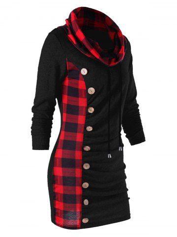 Plus Size Plaid Cowl Neck Long Sleeves Mini Sweatshirt Dress with Buttons
