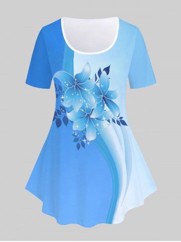 Plus Size Ombre Floral Print Tee - LIGHT BLUE - 4X | US 26-28