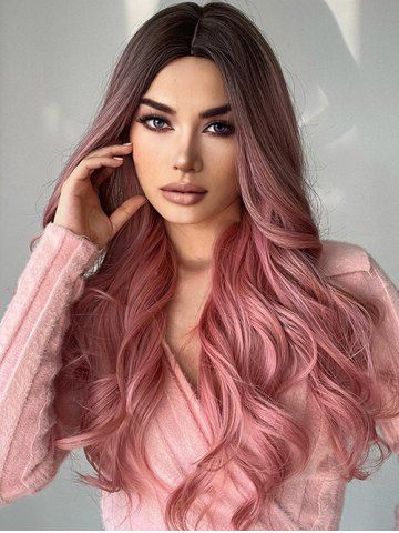 Dark Brown Gradient Pink Long Fluffy Wavy Synthetic Wig - MULTI-A - 24INCH