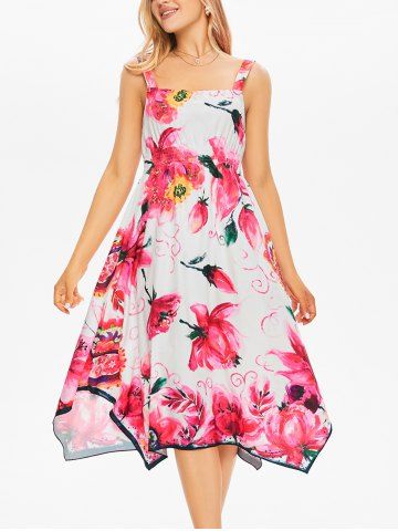 Flower Print Asymmetrical Sundress - WHITE - M